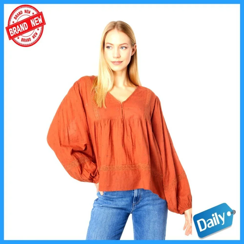 Girls' Lace Inset V-Neck Blouse, Loose Fit, Long Sleeve, Pull-On Style